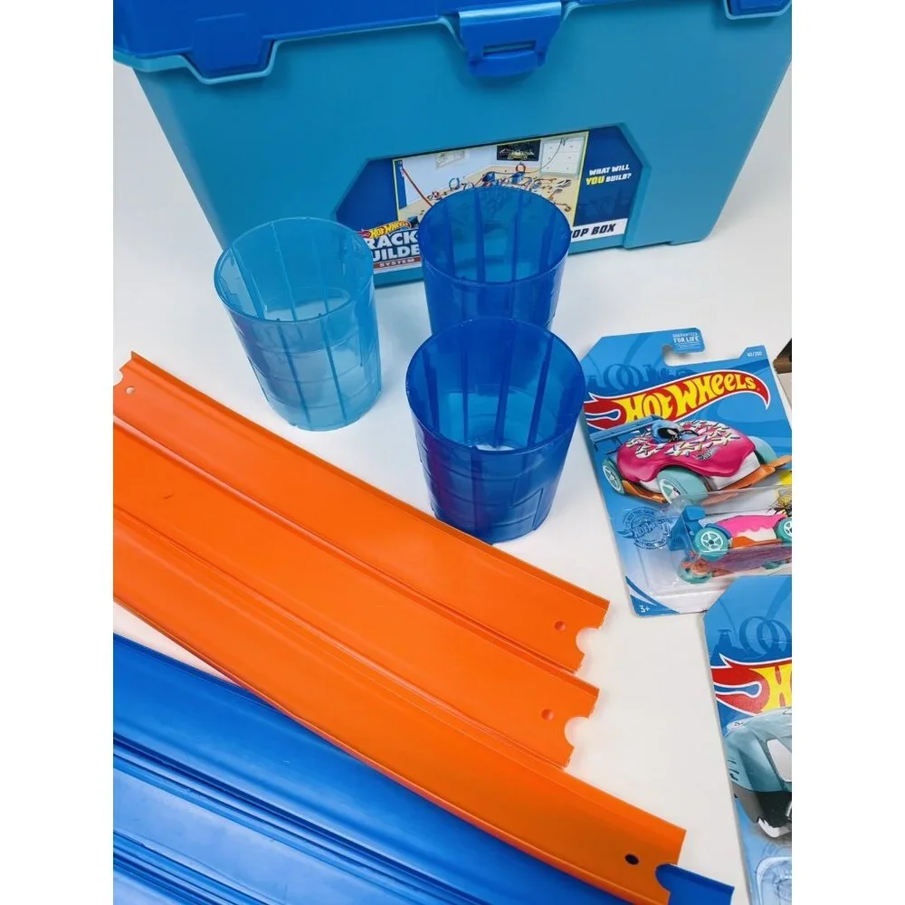 HOT WHEELS Track Builder Multi Loop & Barrel Box Replacement Parts + 4 NIP Cars
